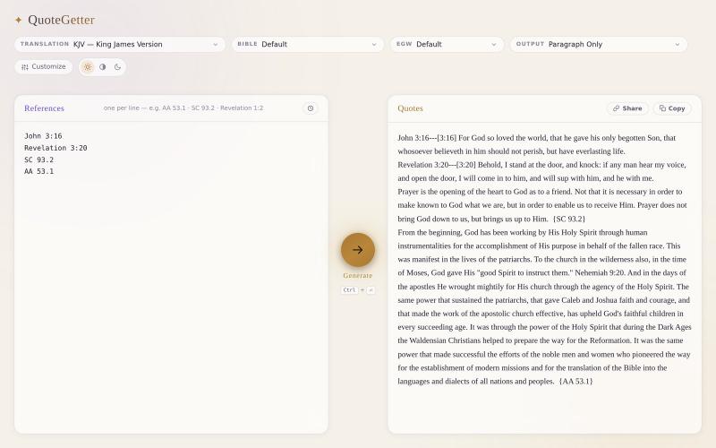 QuoteGetter: type references on the left, press Generate, and the full quotes appear on the right